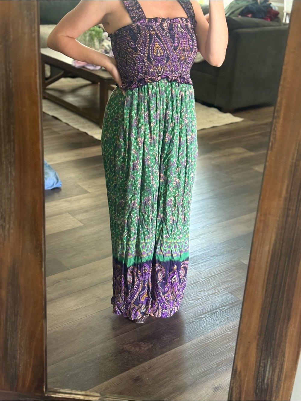 Urban Outfitters Purple and Green Patterned Smocked Jumpsuit